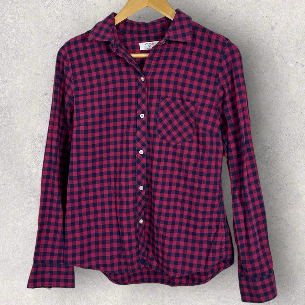 UNTUCKit Emily Plaid Collared Shirt Womens Size 4 Blue Pink Button Down 40195